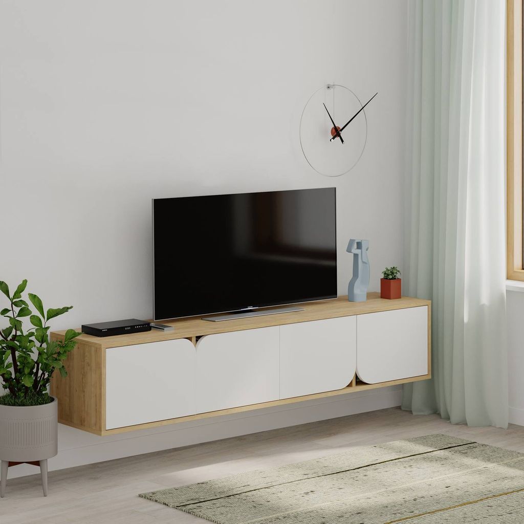 Tv állvány falra akasztós, fehér, tölgyszínű kerettel, 180cm - alpes - butopêa